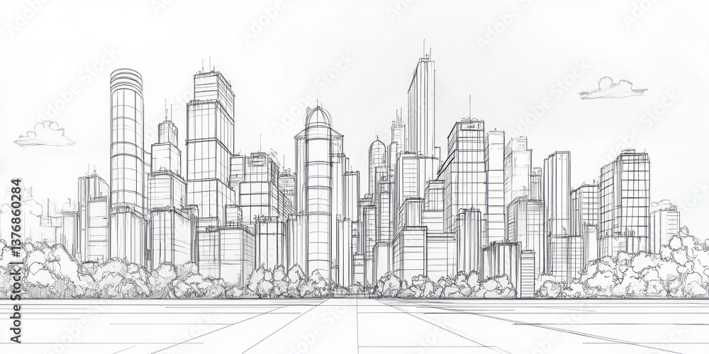Obraz premium A detailed line drawing of a city skyline with various skyscrapers and a prominent tower, set against a clear sky. Trees are visible in the foreground, adding a natural element to the urban scene.