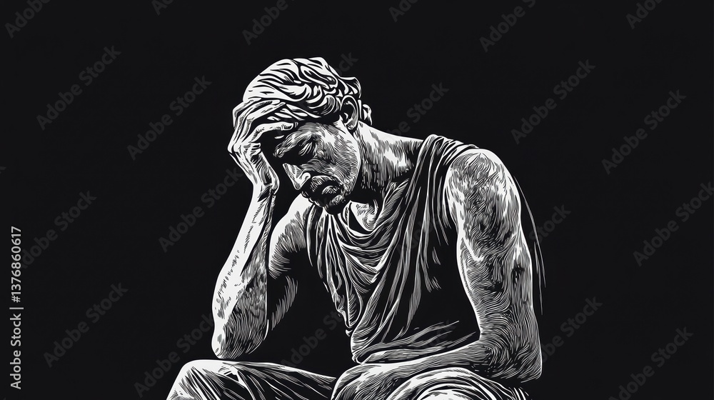 Fototapeta premium Pensive man statue, hand on head, sorrow, grief, depression, monochrome.