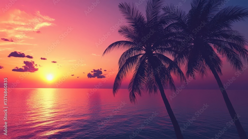 Dark palm trees silhouettes on colorful tropical ocean sunset landscape Dark palm trees silhouettes on colorful tropical ocean sunset landscape