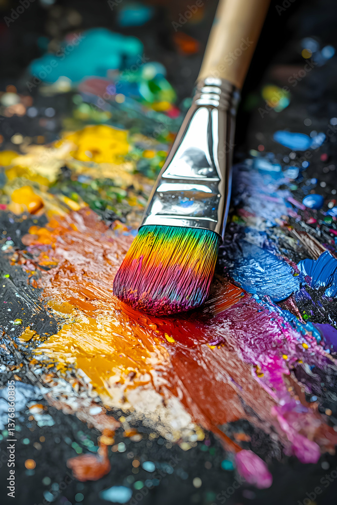 Fototapeta premium Vibrant paintbrush resting on a colorful palette at an artist's studio during creative session