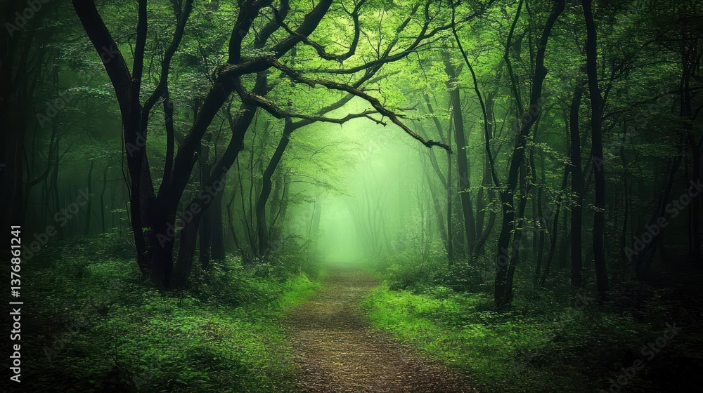 Obraz premium Enchanted Forest Pathway Illuminated by Mysterious Light Natures Serenity Greenery Tranquil