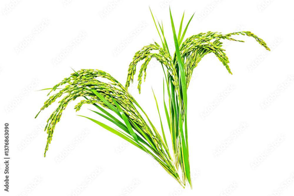 Fototapeta premium Close-up view of vibrant green rice plants with golden grains, symbolizing harvest and agriculture.
