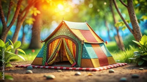 Adorable Camping Tent Cartoon Macro Shot: Colorful Fabric Texture Close-Up
