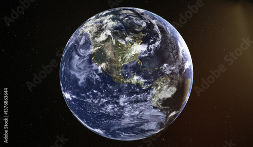 Fototapeta Naklejka Na Ścianę i Meble -  Earth as viewed from space, with North America, South America, and the Caribbean clearly visible. at night  Elements of this 3D rendered illustration where furnished by NASA