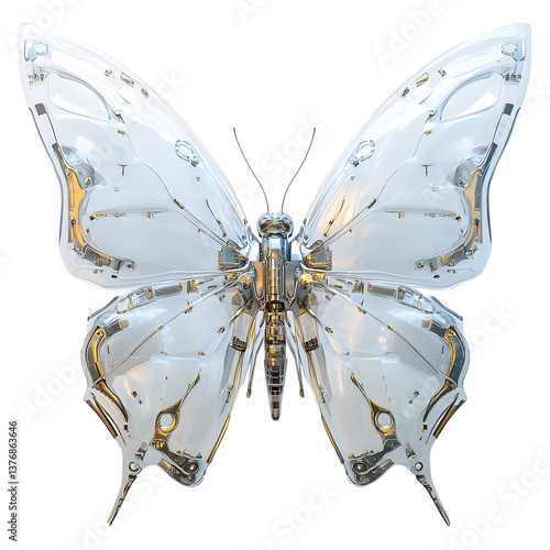A Robotic Butterfly with Sleek Metallic Wings Isolated on Transparent Background