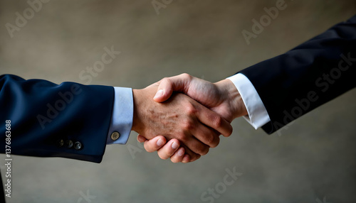 a high quality photograph of two businessmen in suits shaking hands, professional corporate business handshake
