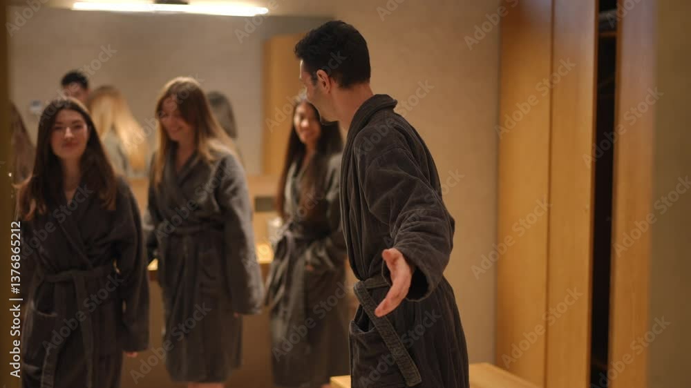 A group of friends enjoys a rejuvenating experience in soft, luxurious robes at a modern spa retreat A group of friends enjoys a rejuvenating experience in soft, luxurious robes at a modern spa retreat