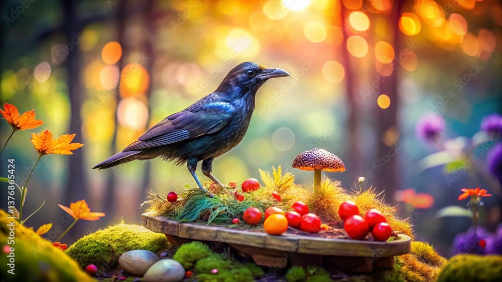 Fototapeta premium Adorable Cartoon Raven Miniature, Tilt-Shift Photography, Whimsical Bird, Fantasy Scene