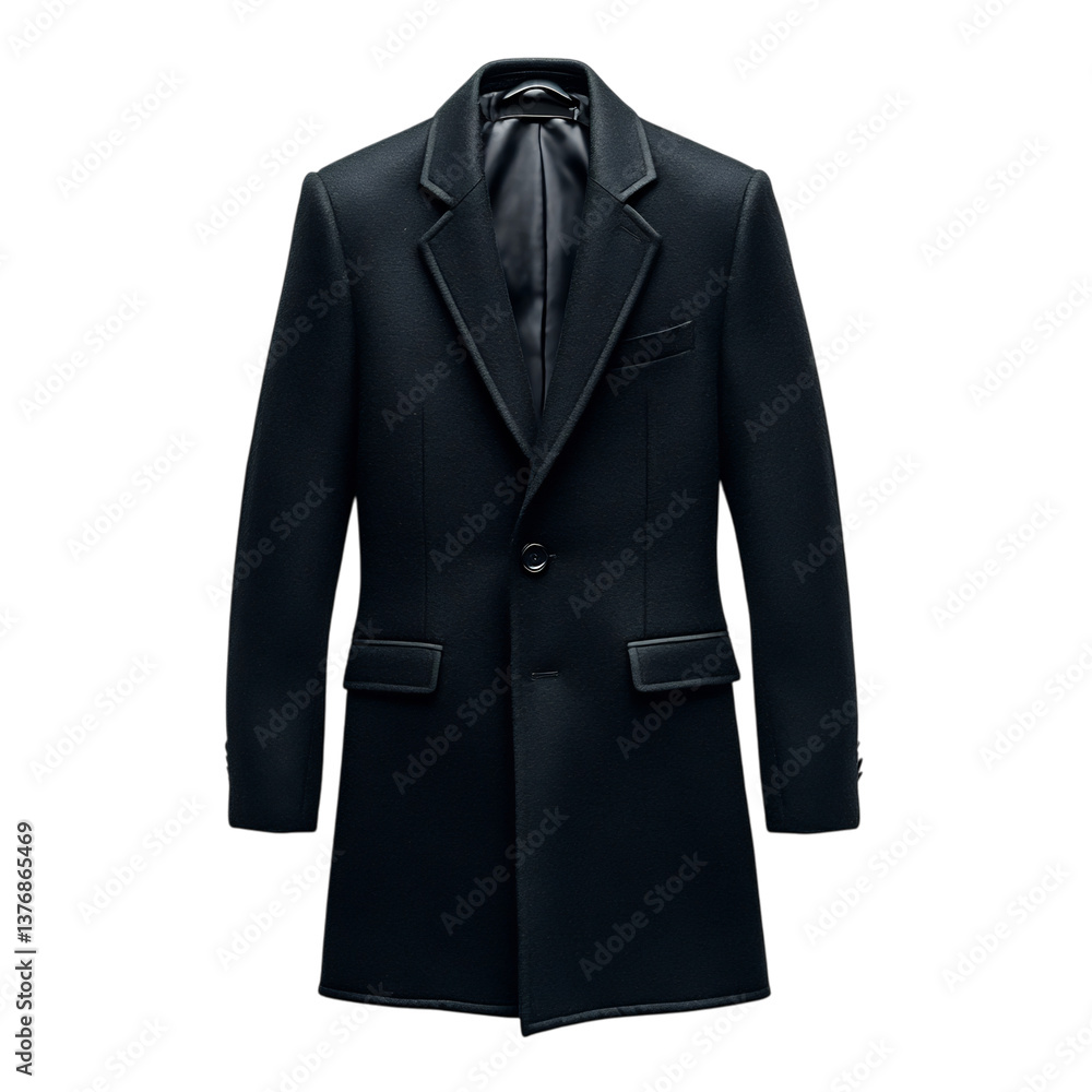 A Wool Coat with Tailored Fit in Black Isolated on Transparent Background A Wool Coat with Tailored Fit in Black Isolated on Transparent Background