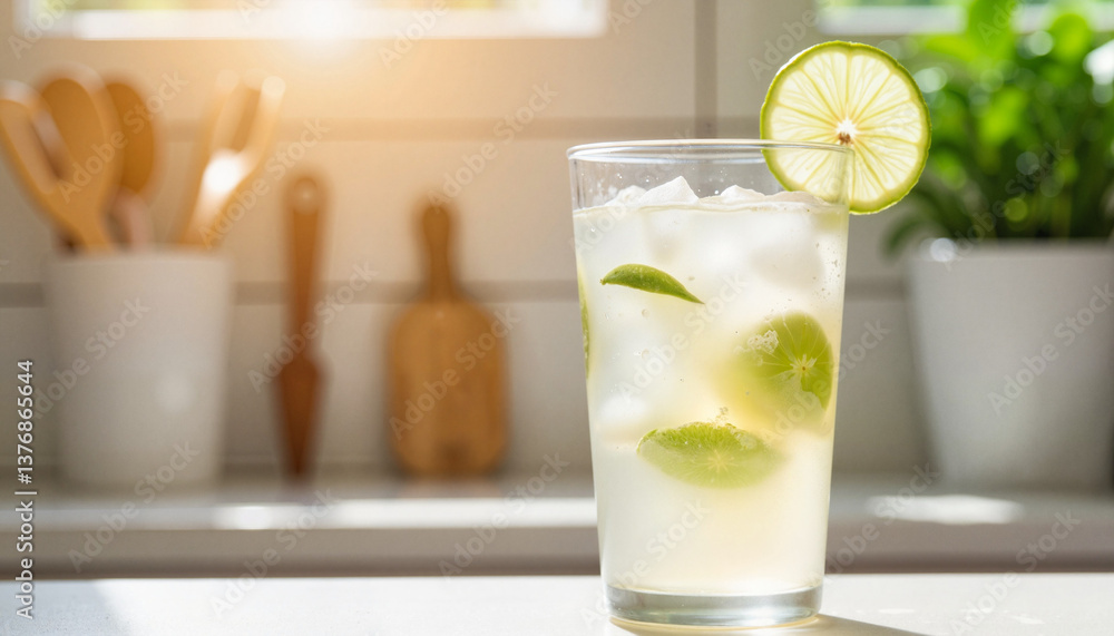 Refreshing coconut water drink with lime garnish in bright kitchen, hydration Refreshing coconut water drink with lime garnish in bright kitchen, hydration