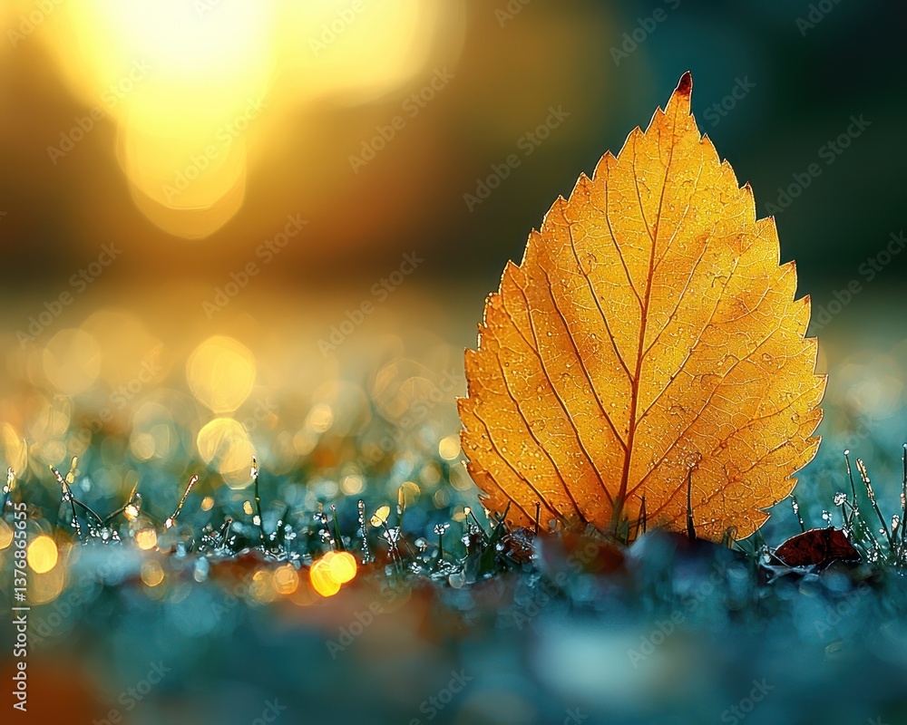 Single autumn leaf on dewy grass at sunrise. Golden hues and bokeh background Single autumn leaf on dewy grass at sunrise. Golden hues and bokeh background