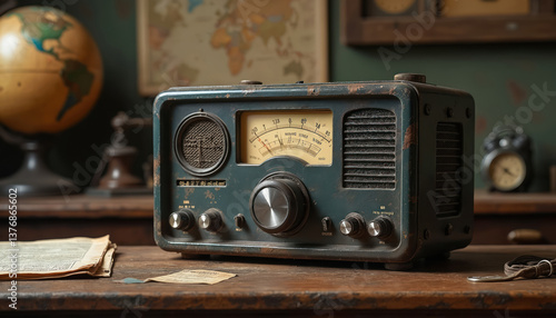 Vintage military radio set on old desk, world map background. Antique communication tech, aged device, military equipment. Retro design with globe, clock. Perfect for history, communication, vintage