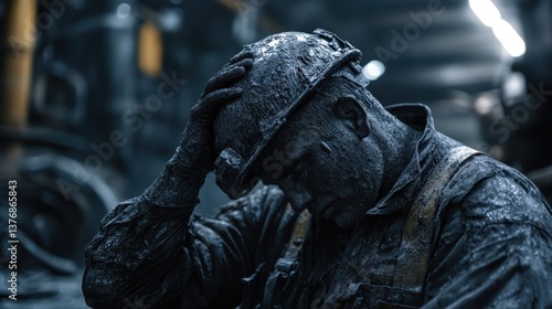 Dirty Worker Wearing Helmet Resting Head with Hand in Dark Industrial Place