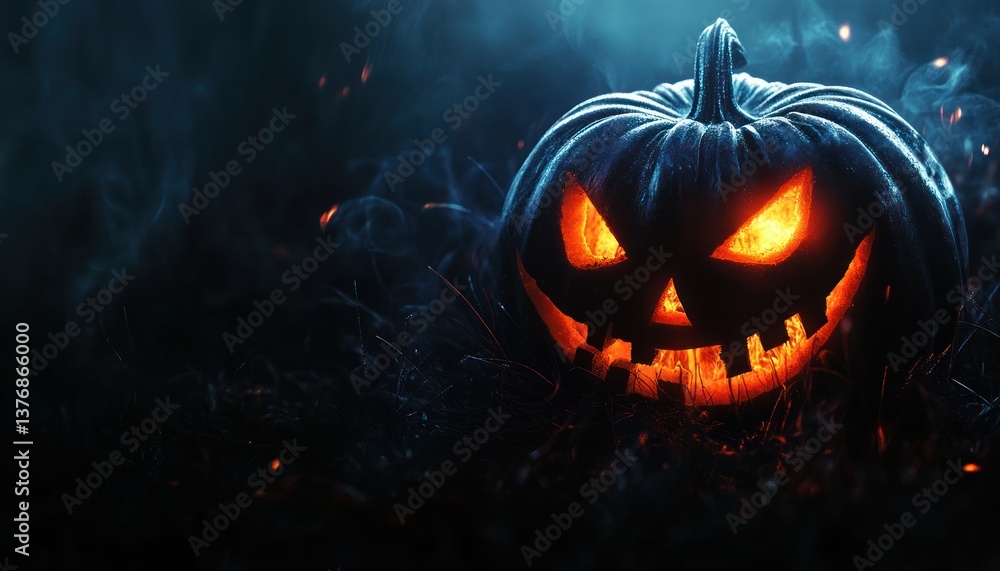 A glowing jack-o'-lantern with a sinister grin sits in a foggy, dark atmosphere, creating a spooky Halloween ambiance. A glowing jack-o'-lantern with a sinister grin sits in a foggy, dark atmosphere, creating a spooky Halloween ambiance.