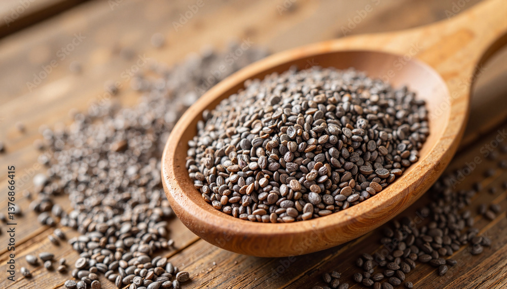 Chia seeds in a wooden spoon on rustic tabletop, natural nutrition Chia seeds in a wooden spoon on rustic tabletop, natural nutrition