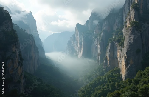 AI-generated scenery of mountains, rocks, cloudscape. High altitude, scenic view of dramatic landscape. Mountain peaks, atmospheric fog and mist. Nature travel, outdoor activities.