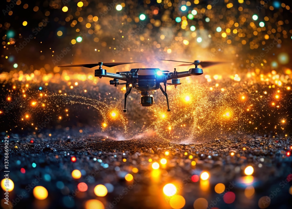 Aerial Drone Shot: Black Background with Sparkling Glitter Dispersion Aerial Drone Shot: Black Background with Sparkling Glitter Dispersion