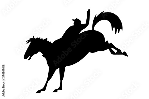 Silhouette of a rodeo cowboy riding a bucking horse on white background