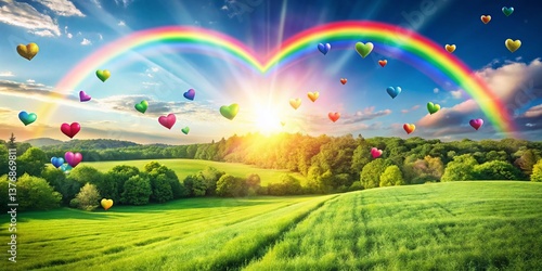 Aerial Drone Shot of Rainbow Hearts Scattered Across Lush Green Field