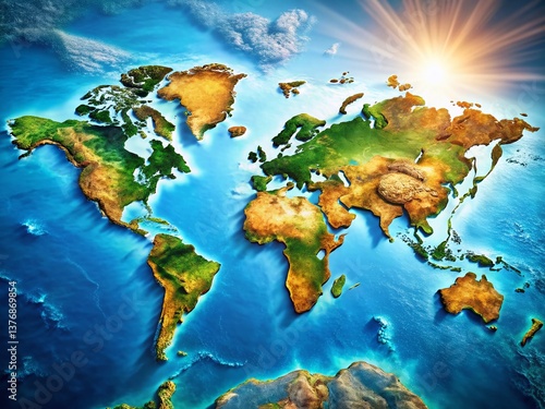 Aerial Drone Shot of World Map, Ocean Depths, Earth Globe