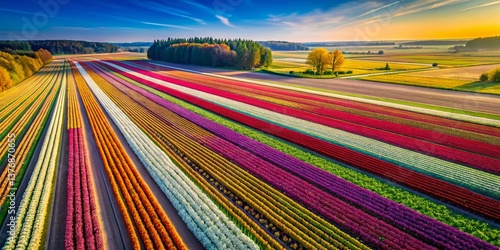 Aerial Drone View of Vibrant Flower Field, Blooming Spring Flowers, Overhead Floral Background