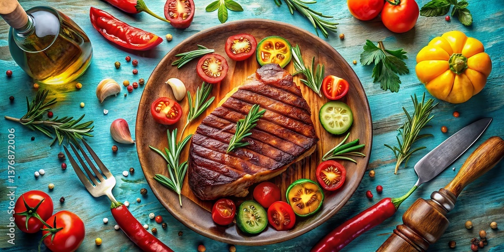 Aerial View Cartoon Steak, Juicy Grilled Meat, Overhead Shot, Funny Food Illustration Aerial View Cartoon Steak, Juicy Grilled Meat, Overhead Shot, Funny Food Illustration