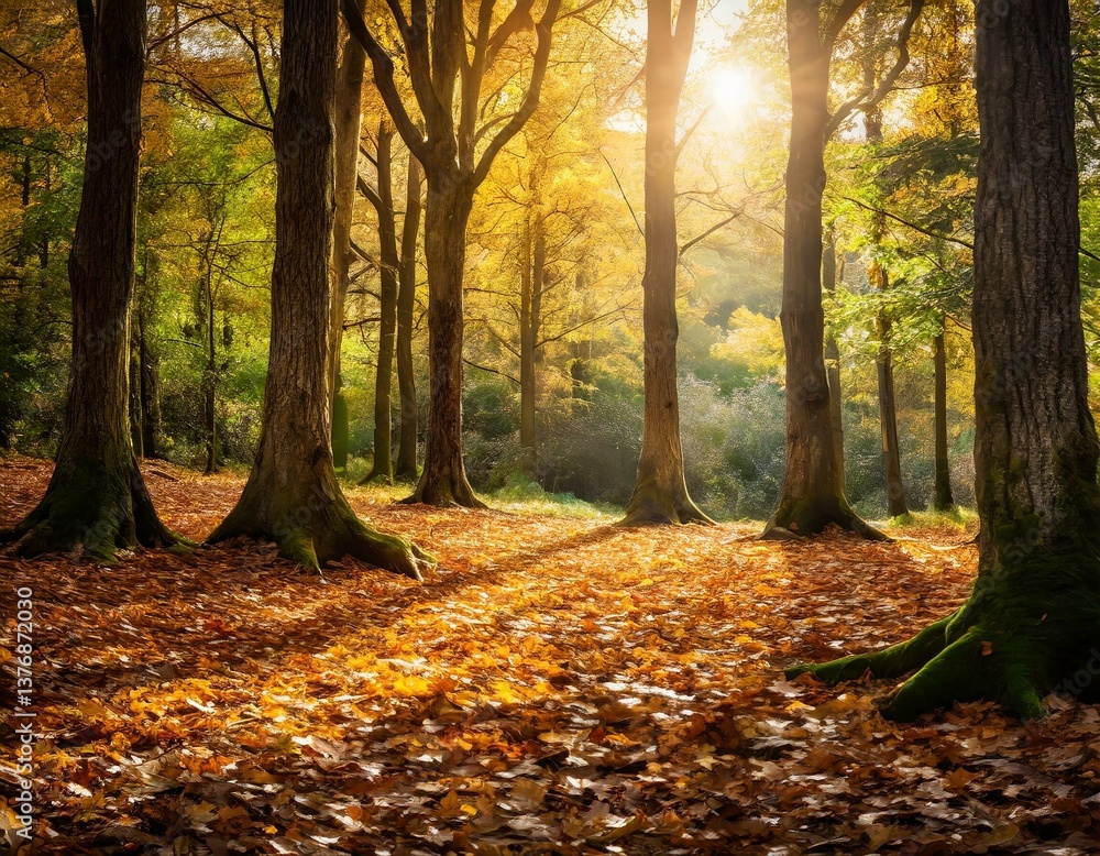 Obraz premium Golden Hour Sunlight Filtering Through Autumnal Beech Forest