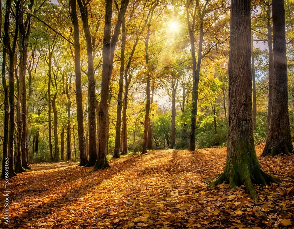 Obraz premium Sunlit Autumn Beech Forest, Golden Canopy & Leaf-Strewn Path