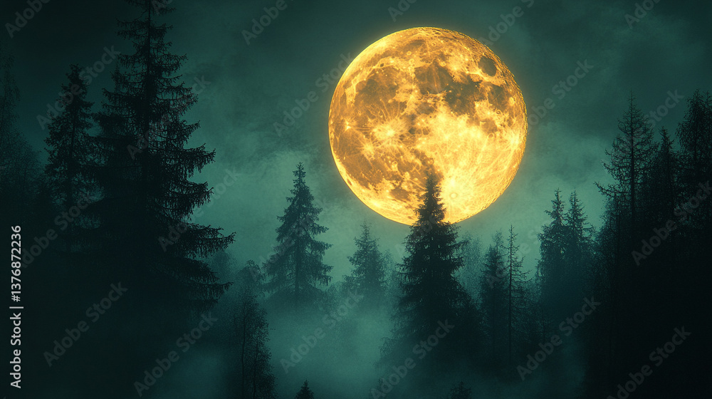 Naklejka premium A chilling blood moon glows red through eerie clouds, casting an ominous light over a shadowy forest. The mysterious atmosphere evokes fear, supernatural myths, and dark symbolism