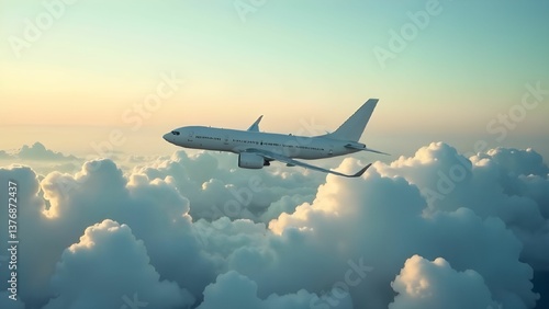Commercial airplane flying above fluffy clouds during a beautiful sunset in the sky