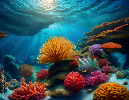 Wallpaper Mural Vibrant Underwater Seascape: Sunlit Coral Reef with Golden Sea Fan & Diverse Sponges Torontodigital.ca