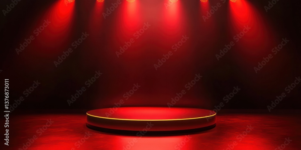 Obraz premium product display platform podium, red round leveled background spot light show case star