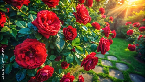 Aerial View Lush Red Rose Bush Leaves Drone Photography