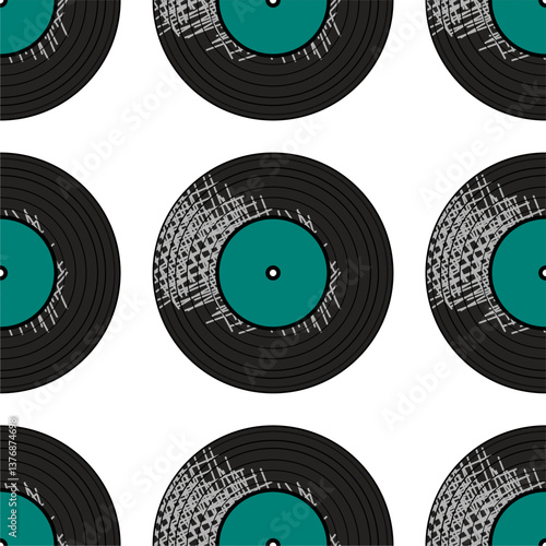 Seamless pattern print wallpaper with vinyl record discs music illustration vector retro style 60s, 70s, 80s, design art background for paper, textile, pack etc.	
