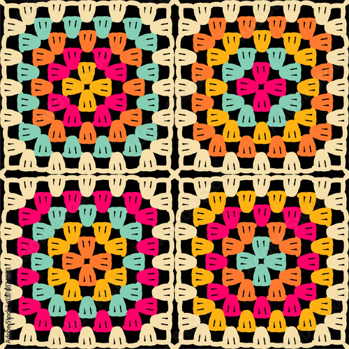 Pattern with crochet granny square wallpaper handmade decorative art design print	
