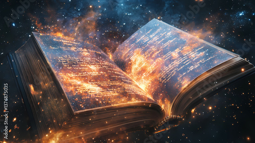Cosmic codex a celestial script unveiled amidst stellar dust a universe of infinite knowledge revealed. Illuminated Codex. Illustration