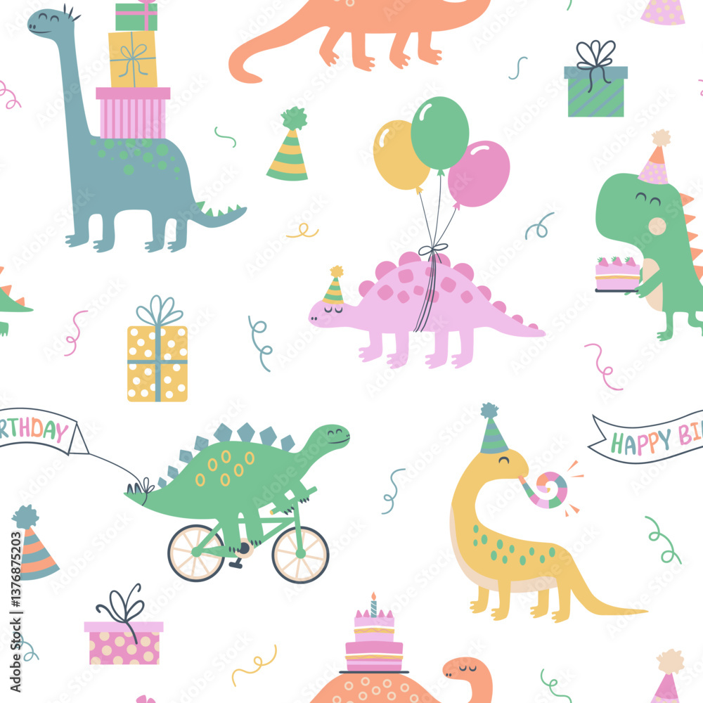 Naklejka premium Happy Birthday party seamless pattern. Dinosaurs with cakes, gifts, and balloons.