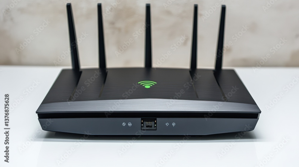 Fototapeta premium Modern Wireless Router with Five Antennas for Enhanced Connectivity and Signal Strength in a Home or Office Setting, Ideal for Streaming and Gaming