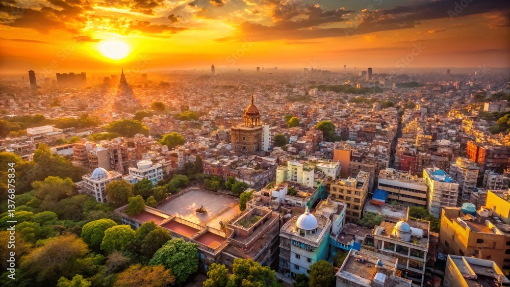 Naklejka premium Aerial View of Delhi's Skyline at Sunset, India - Drone Photography