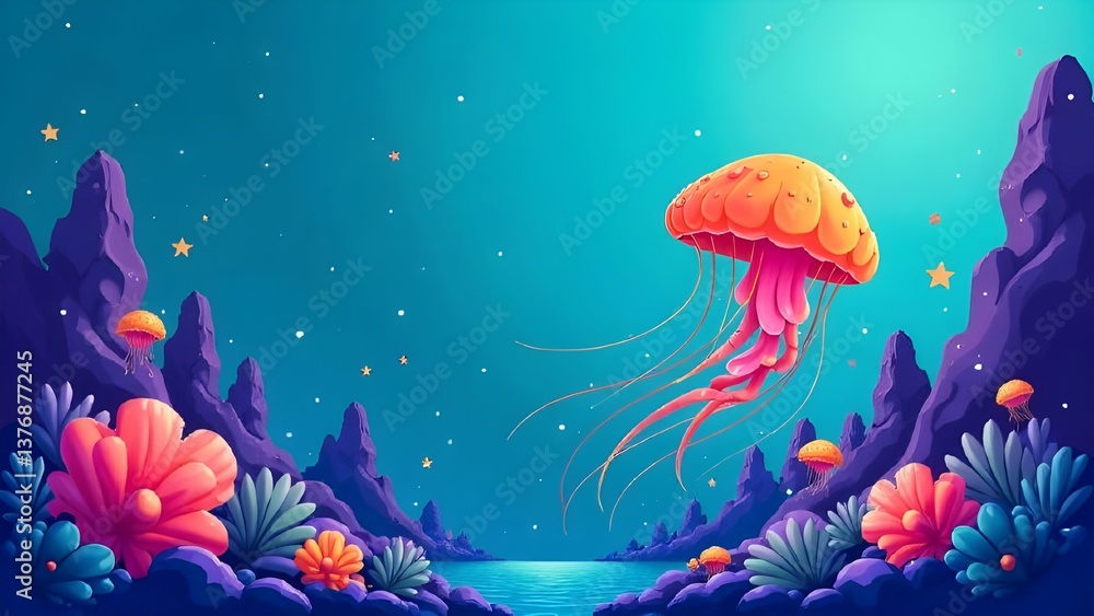 Colorful jellyfish swims in a vibrant underwater landscape filled with coral, plants, and whimsical rock formations Colorful jellyfish swims in a vibrant underwater landscape filled with coral, plants, and whimsical rock formations