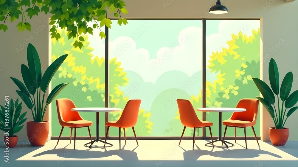 Obraz premium Cozy cafe interior with orange chairs and large windows showing a lush green landscape