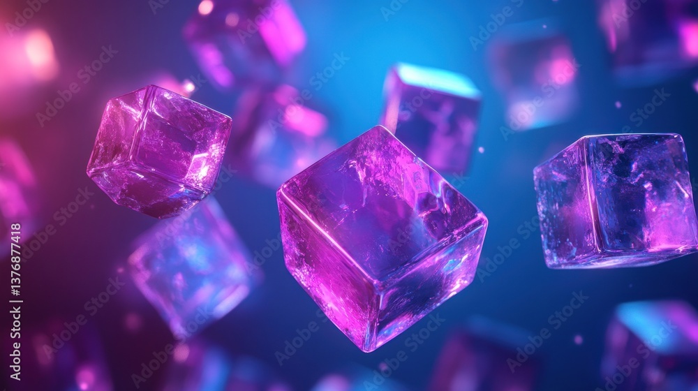 Floating iridescent cubes in vibrant neon light. Background Floating iridescent cubes in vibrant neon light. Background
