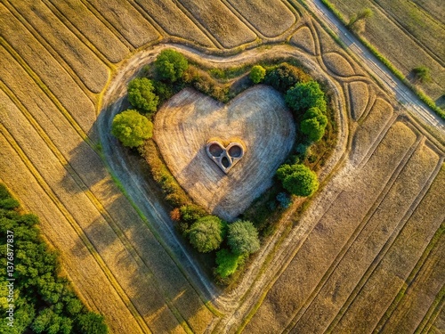 Aerial View of Skull Shaped Heart Formation in Field