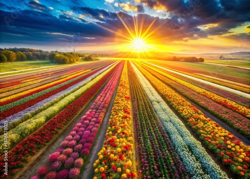 Aerial View of Vibrant Flower Fields, Blooming Spring Flowers, Colorful Floral Landscape
