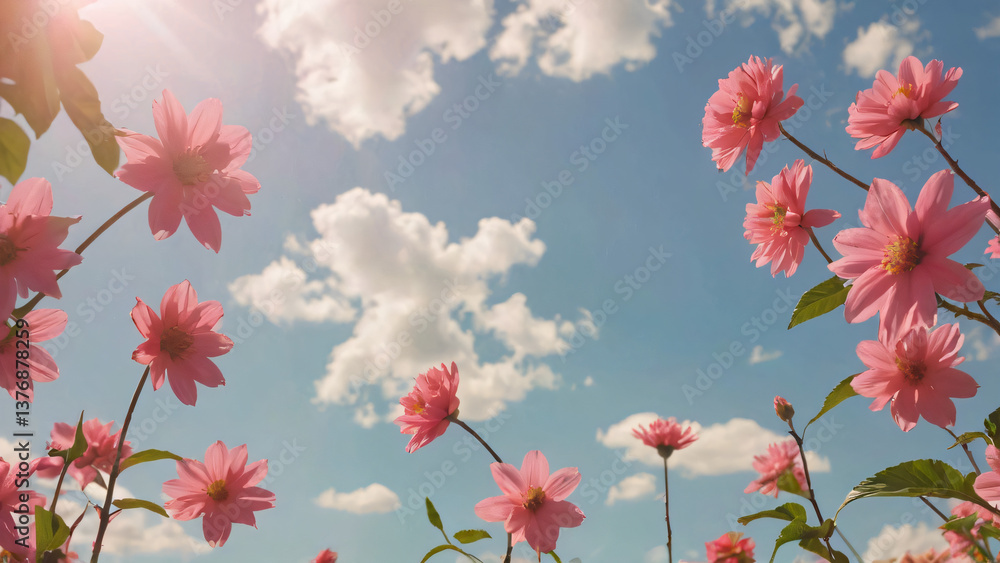 Fototapeta premium Background with pink flowers and bright sky