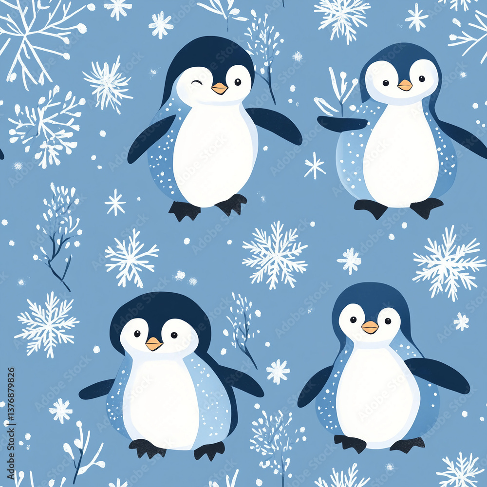 Fototapeta premium A blue and white penguin pattern with snowflakes