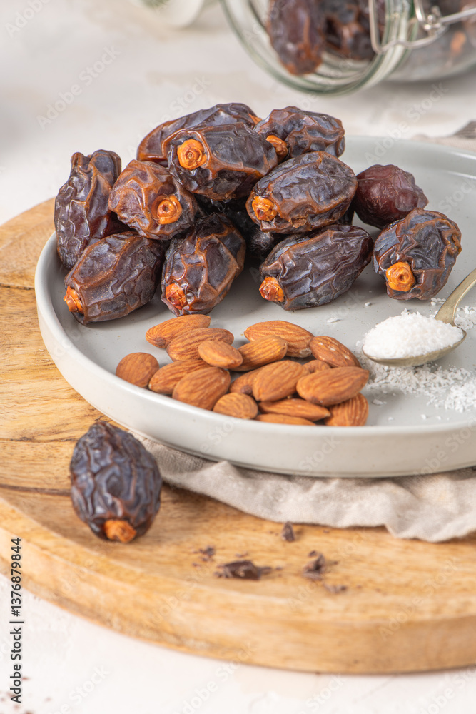 Obraz premium Medjool dates and almonds on a plate with a spoonful of shredded coconut, set on a wooden board with a jar of dates in the background