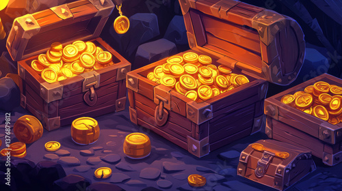 Treasure chests, game trunks, wooden boxes with iron, silver, gold and platinum forgery. Trophy, magic assets, level winners reward. Pirate loot, gui design elements, Cartoon vector illustration