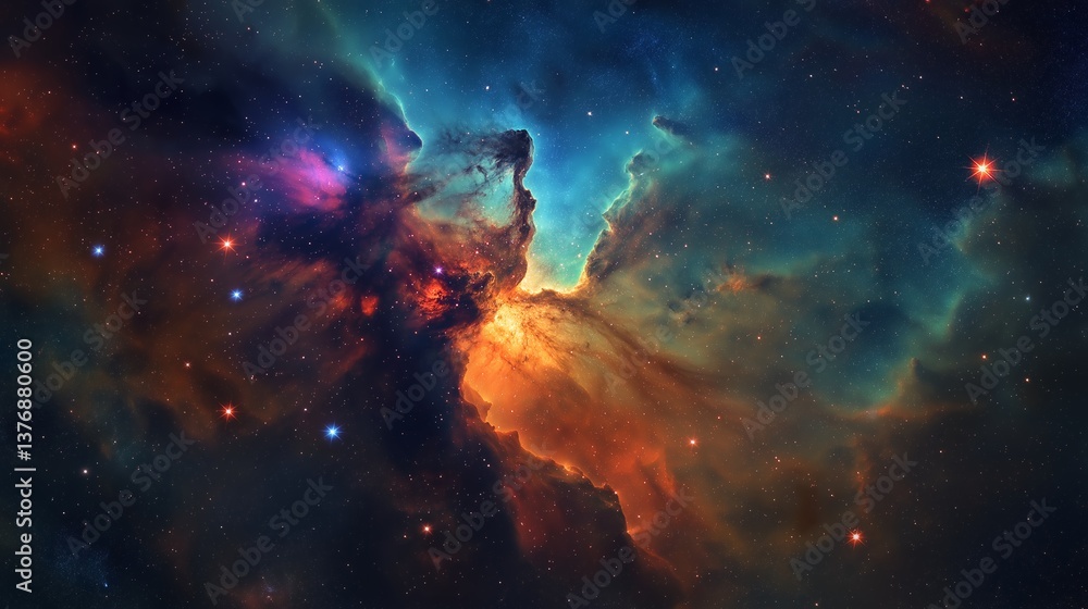 Fototapeta premium A breathtaking cosmic nebula displaying vibrant hues of orange teal and purple scattered with brilliant stars a celestial masterpiece of interstellar gas and dust in deep space