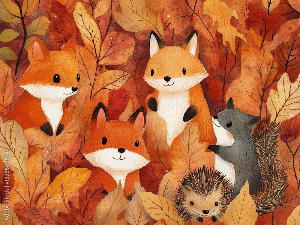 Fototapeta premium A group of four foxes are sitting in a pile of leaves